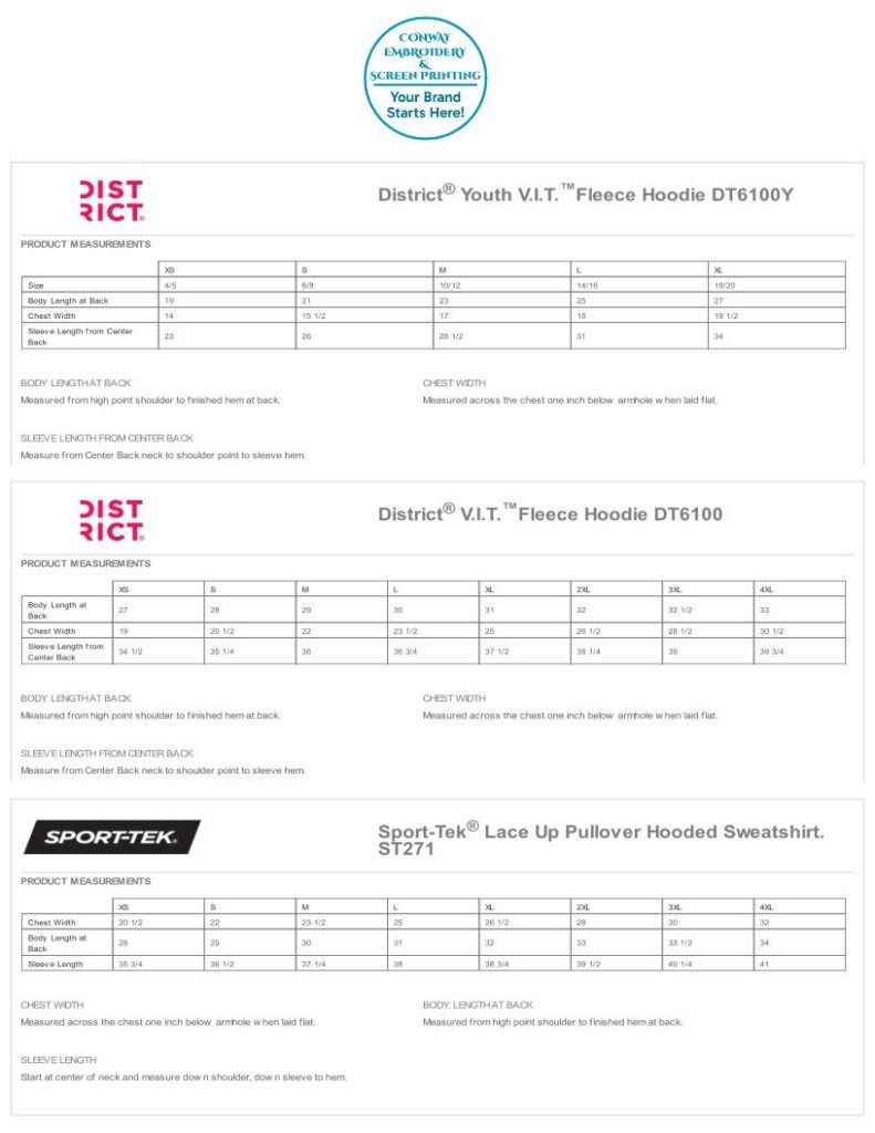 Conway Embroidery Size Chart